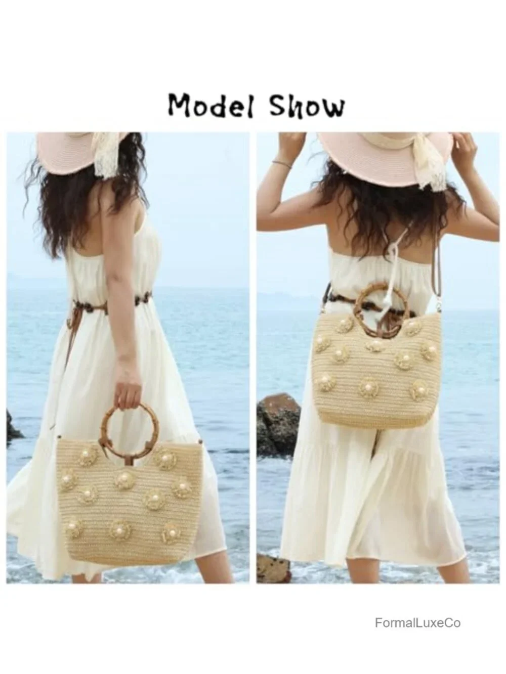 SUKUTU Flower Pearls Straw Tote Bag Women Summer Beach Woven Top Handle Handbag